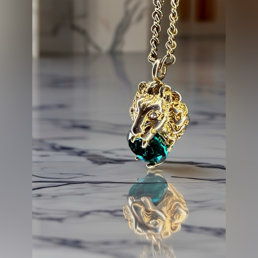 Gucci Lion Feline Pendant Necklace with Green Stone Cat